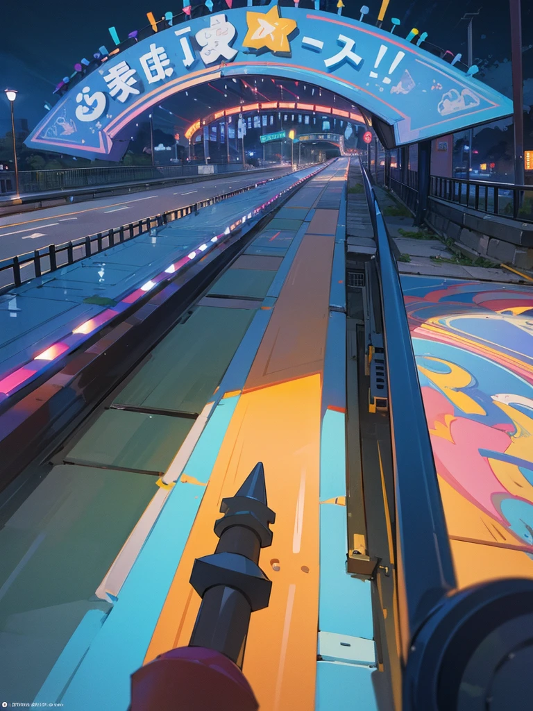 Generate a nocturnal but solitary amusement park where the attractions are seen in an oblique perspective vanishing point 