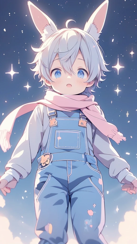 a cartoon picture of a boy with a rabbit ears and a scarf, official anime artwork, key anime visuals, key anime art, official art, anime cover, key anime visual, anime boy, cute anime, today's featured anime still, trending on artstation pixiv, anime wallaper, anime lush john 8k woods, anime background, anime wallpaper 4 k He is wearing short overalls and gloves