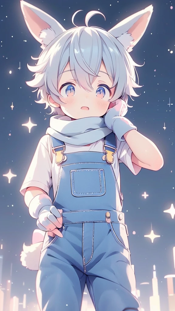 a cartoon picture of a boy with a rabbit ears and a scarf, official anime artwork, key anime visuals, key anime art, official art, anime cover, key anime visual, anime boy, cute anime, today's featured anime still, trending on artstation pixiv, anime wallaper, anime lush john 8k woods, anime background, anime wallpaper 4 k He is wearing short overalls and gloves