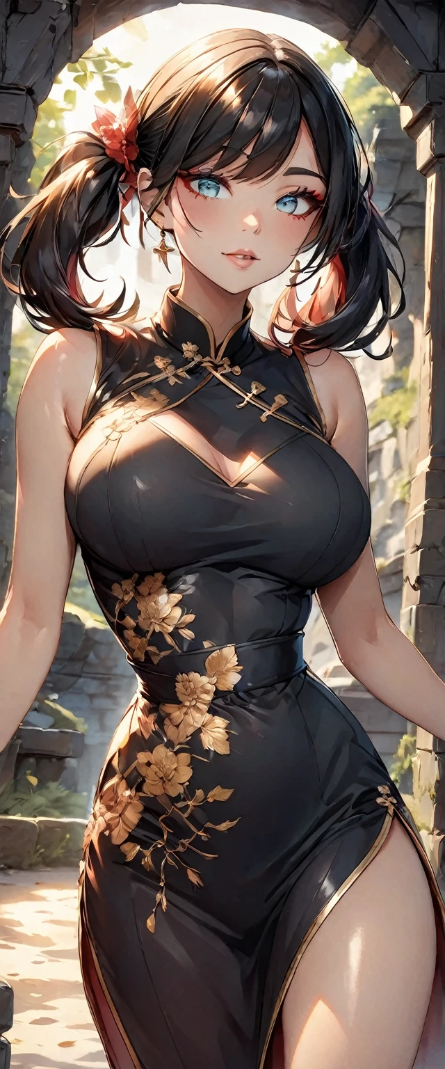 Photo of a woman with natural skin, Upper Body, Seaside cave, The light is shining in, High Twintails, Black hair with red mesh, Sharp eyes with red eyeshadow, Blue-green eyes, Shining eyes, A thin, upturned nose, Well-shaped lips, Big Breasts, ((China dress)), barefoot, Makeup, Exquisitely crafted with the utmost attention to detail, Vibrant, amazing, Smooth, Cinematic, 4K, Backlight, (()), Shallow depth of field, ((Detailed eyes:1.3, Detailed lips:1.3, high quality, )), masterpiece, Super detailed images, High quality