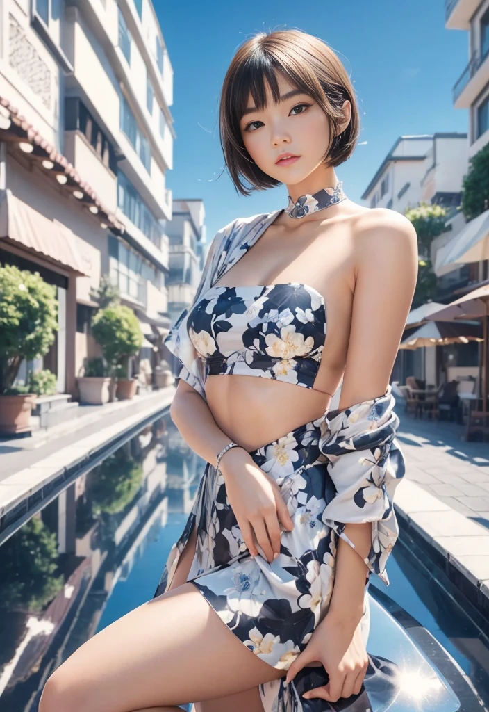 (Best quality, 8k, 32k, Masterpiece, UHD:1.2) "Generate a captivating artwork featuring a young Japanese girl model with short, sleek black hair styled in a chic bob haircut. Envision her bathed in dramatic cinematic lighting, creating an atmosphere of allure and mystery. Emphasize a romantic aesthetic vibe, showcasing the model in a poised and elegant pose that evokes a sense of intimacy and sophistication. Utilize warm and soft tones to enhance the romantic ambiance, and consider incorporating elements like flowing fabrics or flowers to add a touch of ethereal beauty. Capture the essence of romance and beauty through the model's expression, the play of light and shadows, and the overall aesthetic, creating a visually compelling and emotionally resonant piece." (perfect eyes), flawless skin, flawless face, cinematic, tight body, ((well-proportion female hands)), ((female hands with five digits))