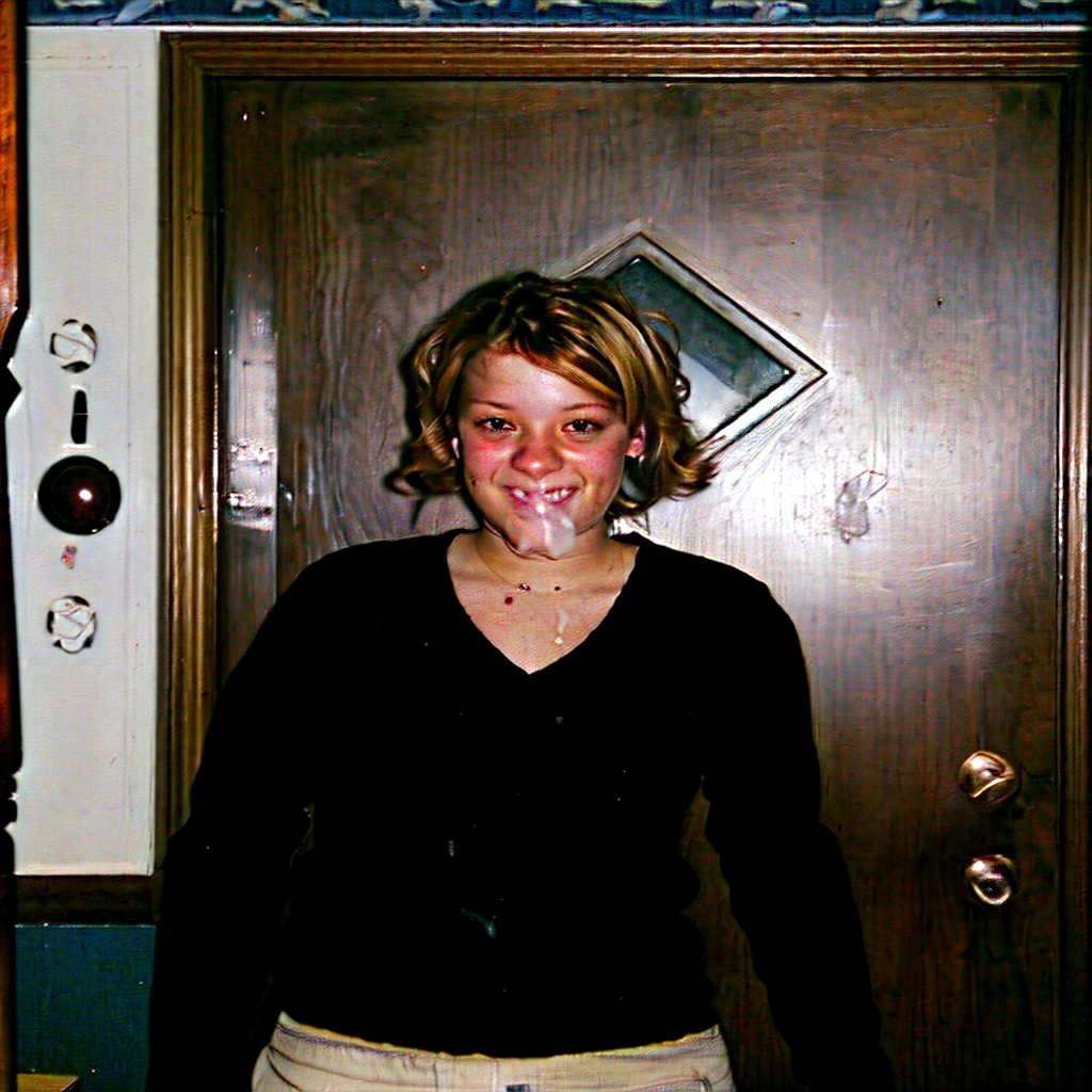 there is a nude woman standing in front of a door, taken in the late 2000s, photo 2 0 1 0, taken in the mid 2000s, 2 0 0 5, 2005, taken in the 2000s, jenni pasanen, katey truhn, 2 0 0 4, blowjob, happy, swallow cum