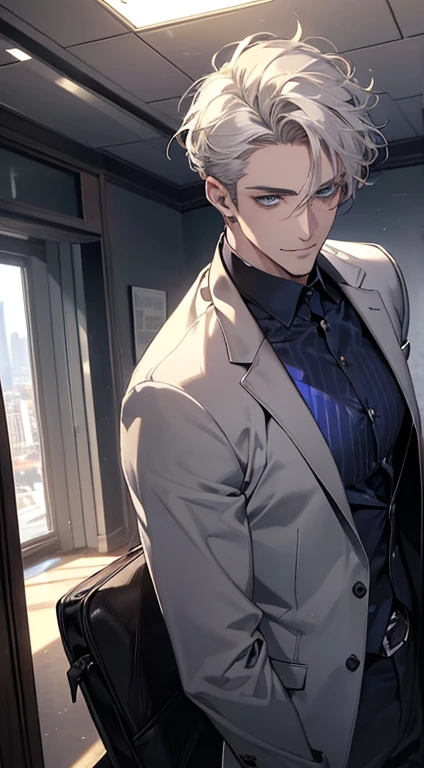 (best quality, masterpiece, 8K, photorealistic, cinematic lighting, hdr image, ultra detailed, beautiful image), 1 man, 31 years old, mature man, very handsome, (without expression, smile), short white hair, blue eyes ( penetrating gaze), perfect face without errors, imposing posture, without errors, businessman, office background