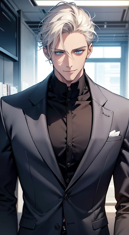 (best quality, masterpiece, 8K, photorealistic, cinematic lighting, hdr image, ultra detailed, beautiful image), 1 man, 31 years old, mature man, very handsome, (without expression, smile), short white hair, blue eyes ( penetrating gaze), perfect face without errors, imposing posture, without errors, businessman, office background