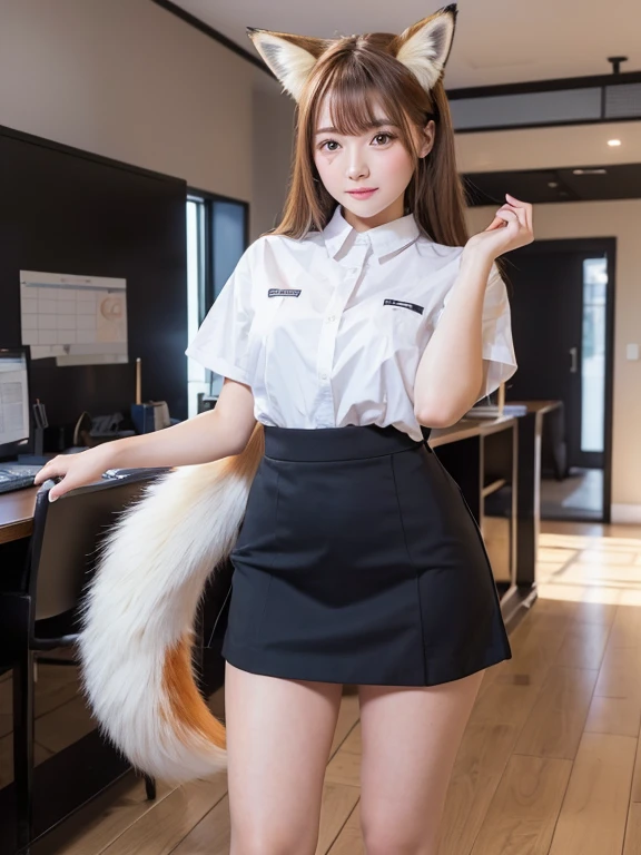 ((Highest quality)), ((masterpiece)), (Familiar), Perfect Face, fox lady, Pretty girl, Fox Ears, Fox tail, She has a northern fox tail, She wags her fluffy tail, She is a pretty office worker., Beautiful hip line, Thick thighs, One big tail, The tail sticks out from under the skirt, Nice body, Shamingly wagging his tail, Only one tail, a shy face