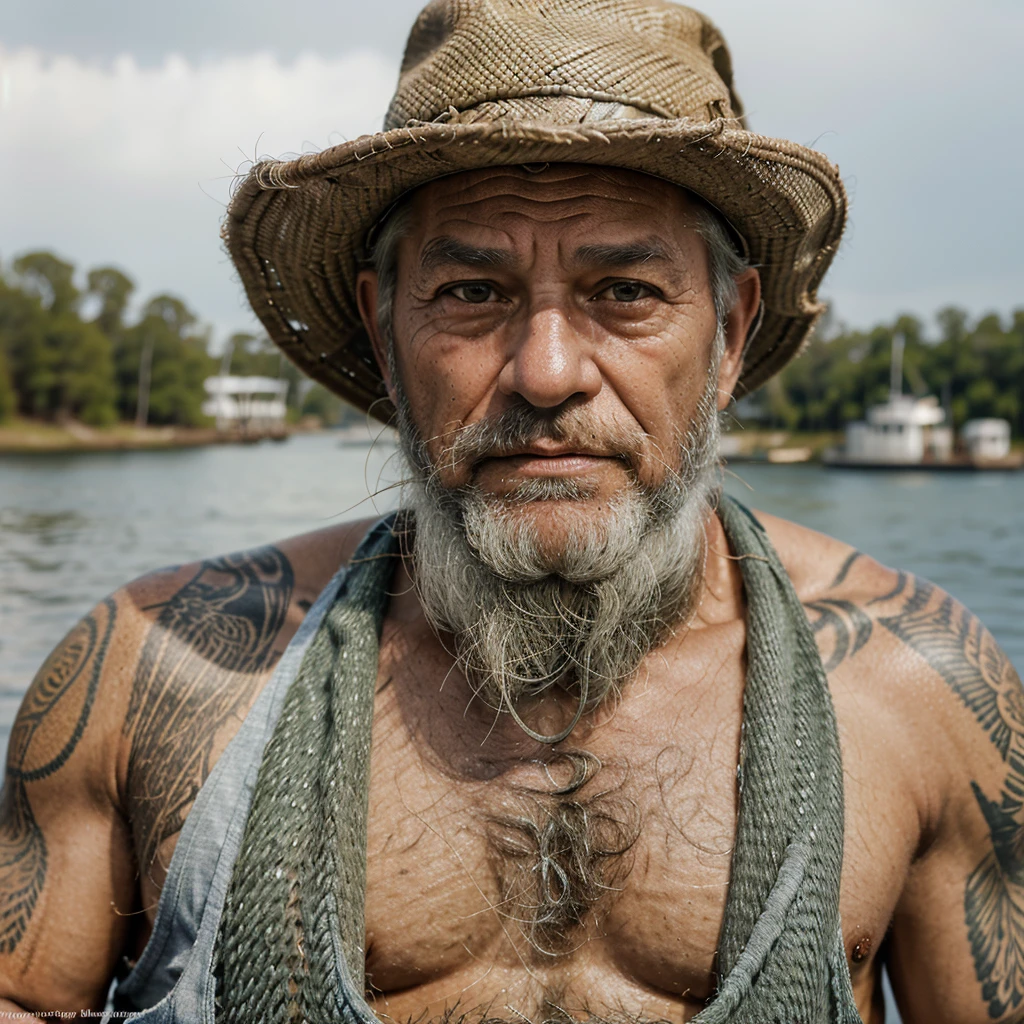 Portrait of a seasoned fisherman, with weathered skin, deep wrinkles, and a piercing gaze. He sports a white beard and a fishermans hat. The background is a softly blurred dock, emphasizing his rugged features under natural light.