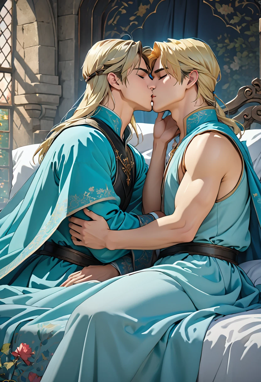 2 sexy males 25 year old, anime elves in a sensual pose medieval poster bed kissing under the sheer sheets, kissing each other, long blond/black hair, perfect intimate position, perfect composition, perfect hands and face, masterpiece, aqua color, UHD, 32k,