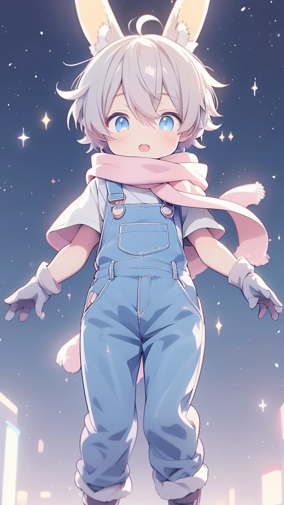 a cartoon picture of a boy with a rabbit ears and a scarf, official anime artwork, key anime visuals, key anime art, official art, anime cover, key anime visual, anime boy, cute anime, today's featured anime still, trending on artstation pixiv, anime wallaper, anime lush john 8k woods, anime background, anime wallpaper 4 k He is wearing short overalls and gloves