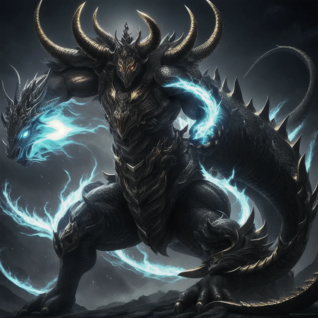 Dragon god, dragon of life, big horns, giant horns, beast, glowing eyes ,Black and silver color,a head ,Golden shine eyes,Big and long body ,4 Paws, long tail, several horns ,6 eyes