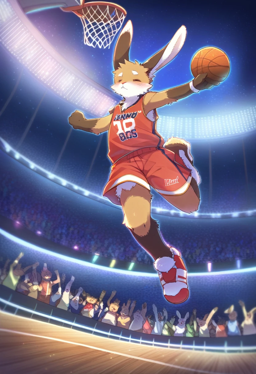 ((Masterpiece)), ((Best Quality)), (Very Detailed), ((Very Detailed)), 4K, (8K), very aesthetic, absurdres highres, 1 girl, (anthropomorphic rabbit, furry, kemono:1.8), Basketball player, (dunk shot, jump, grabbing rim), white uniform, stadium, audience, scoreboard, night, stadium lighting, victory look, powerful movement, team logo, jersey number, cheering crowd, stadium structure