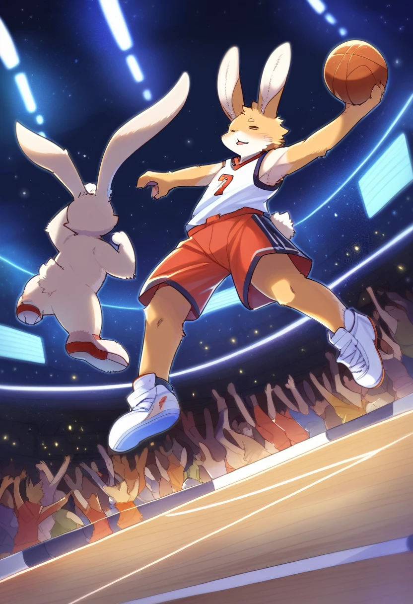 ((Masterpiece)), ((Best Quality)), (Very Detailed), ((Very Detailed)), 4K, (8K), very aesthetic, absurdres highres, 1man, (anthropomorphic rabbit, furry, kemono:1.8), Basketball player, dunk shot, red uniform, jump, rim grab, stadium, spectators, scoreboard, night, stadium lighting, concentrated facial expression, energetic movement, team logo, jersey number, cheering crowd, stadium structure
