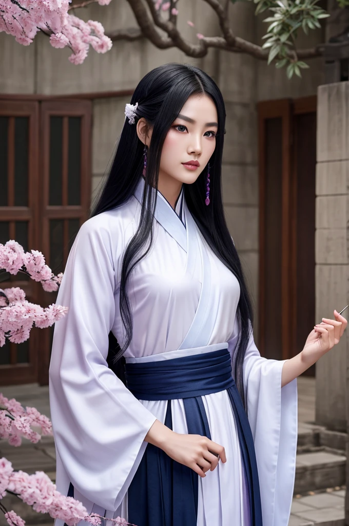 Create a handsome Chinese boy from ancient eras with long black hair and bluish eyes and full pink lips, white skin and 1.85 tall, wearing a dark purple hanfu and holding a combat fan 
