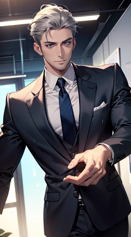(best quality,4k,8k,highres,masterpiece:1.2),ultra-detailed,(realistic,photorealistic,photo-realistic:1.37),1 man,31 years old,mature man,very handsome,without expression,smile,short grey silver hair,blue eyes,penetrating gaze,perfect face without errors,imposing posture,businessman,office background,cinematic lighting,hdr image