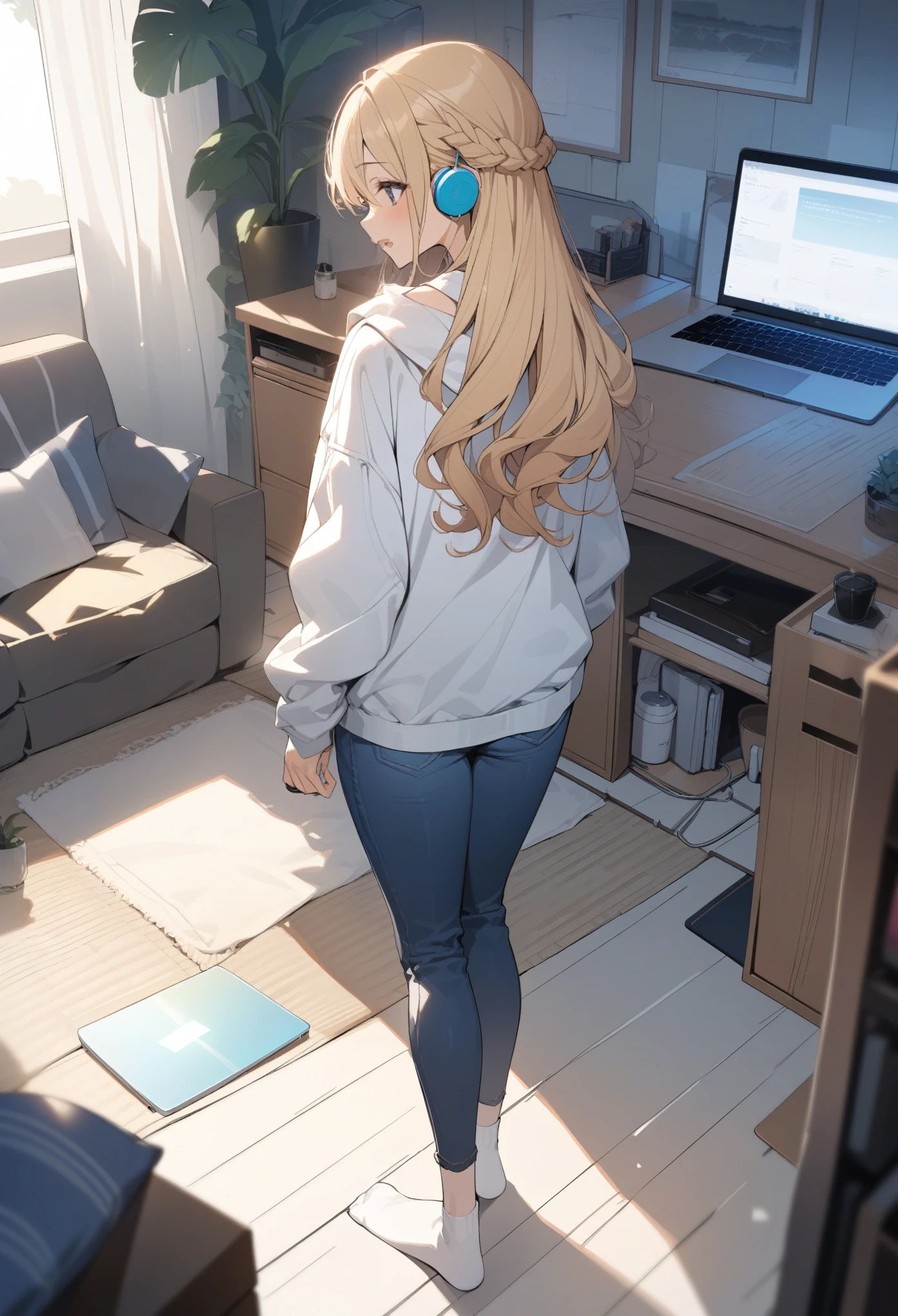 masterpiece, best quality, extremely detailed, ultra detailed, flat anime, 2D,
1girl, (young adult:1.2),blonde hair, (semi-long hair:1.2), curly hair, french braid, medium breasts, tsurime, height 1.7meters,
white hooded sweatshirt, jeans, earring,bracelet, long sleeves, ((Bluetooth small earphone)),socks,
Back view of a laptop computer,Operating a laptop computer,
from behind, full body, ((looking back)), open mouth, looking at another,
summer, livingroom, 12AM., standing