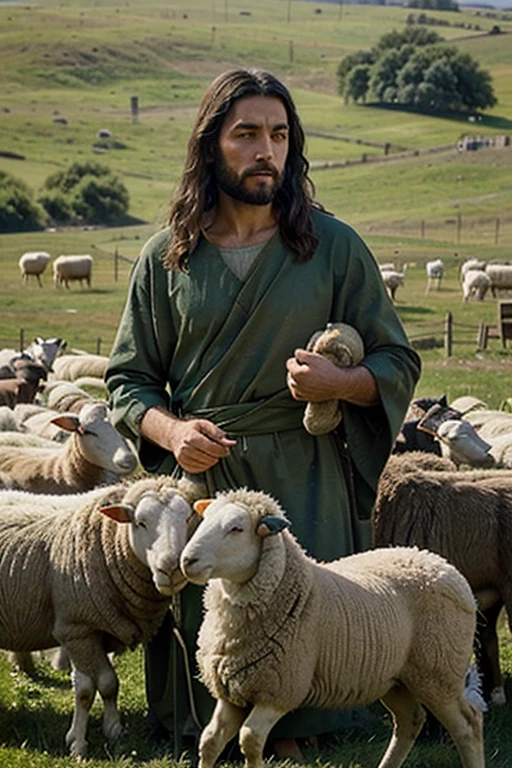 A serene figure of Jesus as a shepherd, surrounded by sheep in a green field, with an expression of care and protection.