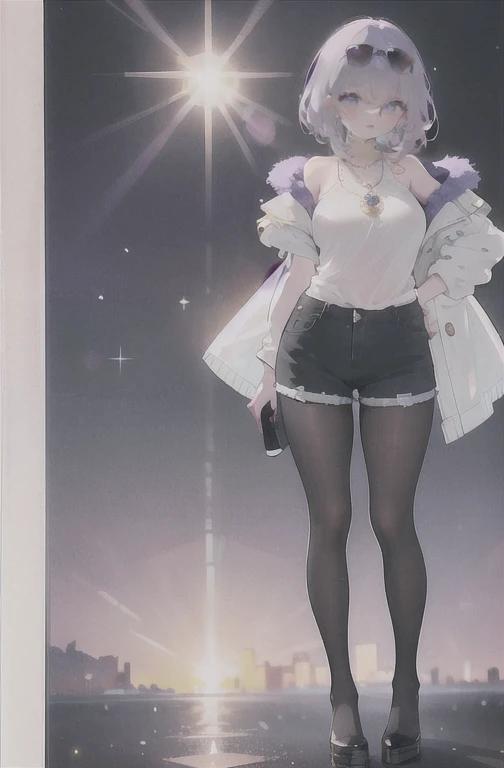 1 girl, standing alone, long hair, gazing at viewer, ssmile, breasts big, chemise, mitts, neckleace, bared shoulders, jewerly, purples eyes, cabelo roxo, pantyhose, aretes, shorts, oculos de sol, Glasses on the head, purple backdrop, round glasses, purple mitts, 