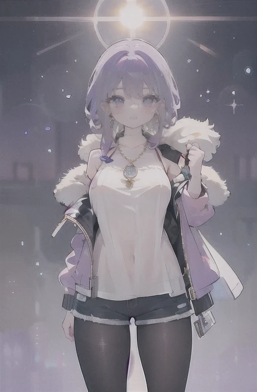1 girl, standing alone, long hair, gazing at viewer, ssmile, breasts big, chemise, mitts, neckleace, bared shoulders, jewerly, purples eyes, cabelo roxo, pantyhose, aretes, shorts, oculos de sol, Glasses on the head, purple backdrop, round glasses, purple mitts,
