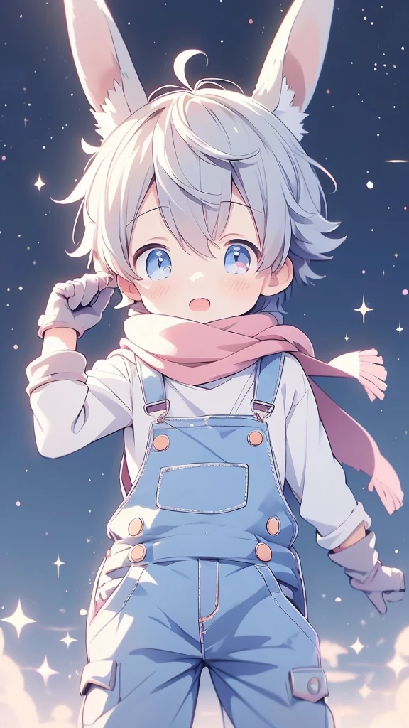 a cartoon picture of a boy with a rabbit ears and a scarf, official anime artwork, key anime visuals, key anime art, official art, anime cover, key anime visual, anime boy, cute anime, today's featured anime still, trending on artstation pixiv, anime wallaper, anime lush john 8k woods, anime background, anime wallpaper 4 k He is wearing short overalls and gloves 