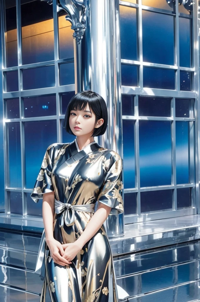 (Best quality, 8k, 32k, Masterpiece, UHD:1.2) "Generate a captivating artwork featuring a young Japanese girl model with short, sleek black hair styled in a chic bob haircut. Envision her bathed in dramatic cinematic lighting, creating an atmosphere of allure and mystery. Emphasize a romantic aesthetic vibe, showcasing the model in a poised and elegant pose that evokes a sense of intimacy and sophistication. Utilize warm and soft tones to enhance the romantic ambiance, and consider incorporating elements like flowing fabrics or flowers to add a touch of ethereal beauty. Capture the essence of romance and beauty through the model's expression, the play of light and shadows, and the overall aesthetic, creating a visually compelling and emotionally resonant piece." (perfect eyes), flawless skin, flawless face, cinematic, tight body, ((well-proportion female hands)), ((female hands with five digits))