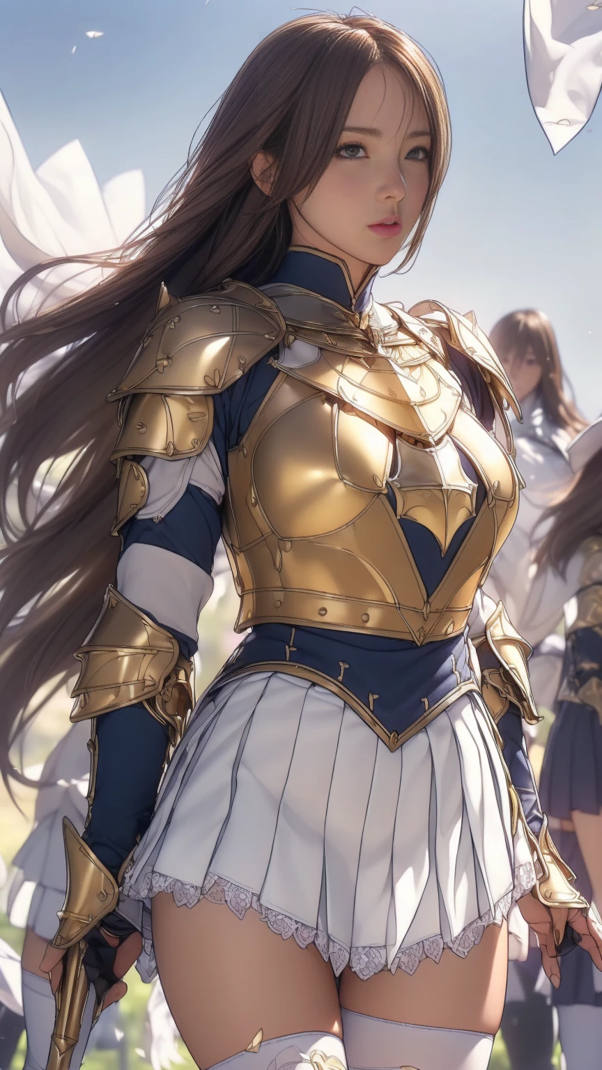 Very beautiful woman、Slender women、(Detailed face)、Realistic Skin、((Holy Knight)), ((Gold and navy platinum armor))、((((Extremely detailed and intricately decorated armor:1.1))))、((Delicate photo))，(Girl Asheria RAW Photo Details:1.25), (Highest quality:1.6), (Ultra-high resolution:1.5), (Realistic:1.75), 8k resolution, Canon EOS R5, 50mm, Absurd, Very detailed,Cinema Lighting,((Fightfield))、((Fight))、(((White lace ultra-small mini skirt)))、Polka dot panties,High leg panties:1.2,Thigh-high socks、Shingard、((Light brown hair)), {Floating Hair} ,Long Hair, Cape、(((Has a huge weapon)))、(In combat)、The wind is blowing、((Symmetrical armor))、(((Lead a large group of knights:1.2)))、banner、(((Battle Scenes)))、((Browsing Caution:1.2))、(((I can see her panties:1.4)))、、((The hem of a skirt fluttering in the wind:1.4)),In a park with a fountain:1.9,