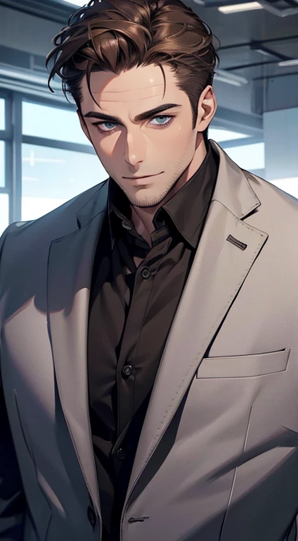 (best quality,4k,8k,highres,masterpiece:1.2),ultra-detailed,(realistic,photorealistic,photo-realistic:1.37),1 man,31 years old,mature man,very handsome,without expression,smile,short grey brown hair,blue eyes,penetrating gaze,perfect face without errors,imposing posture,businessman,office background,cinematic lighting,hdr image