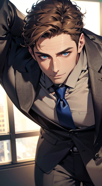 (best quality,4k,8k,highres,masterpiece:1.2),ultra-detailed,(realistic,photorealistic,photo-realistic:1.37),1 man,31 years old,mature man,very handsome,without expression,smile,short grey brown hair,blue eyes,penetrating gaze,perfect face without errors,imposing posture,businessman,office background,cinematic lighting,hdr image