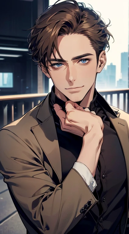 (best quality,4k,8k,highres,masterpiece:1.2),ultra-detailed,(realistic,photorealistic,photo-realistic:1.37),1 man,31 years old,mature man,very handsome,without expression,smile,short grey brown hair,blue eyes,penetrating gaze,perfect face without errors,imposing posture,businessman,office background,cinematic lighting,hdr image