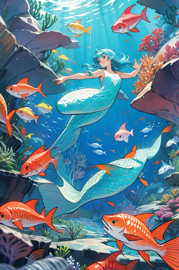 anime style, super fine illustration, highly detailed, dynamic angle, beautiful detailed, 8k, In the summer, at midday, underwater, BREAK vivid tropical fish swim in schools, surrounded by colorful corals on the seabed. A graceful sea turtle swims among them. BREAK A beautiful mermaid swims happily around, smiling occasionally. BREAK Sunlight filters through the water, brightly illuminating the scene. BREAK Everyone is enjoying the underwater world.(LoRA:0.5),masterpiece,best quality,super detailed,super fine illustration,