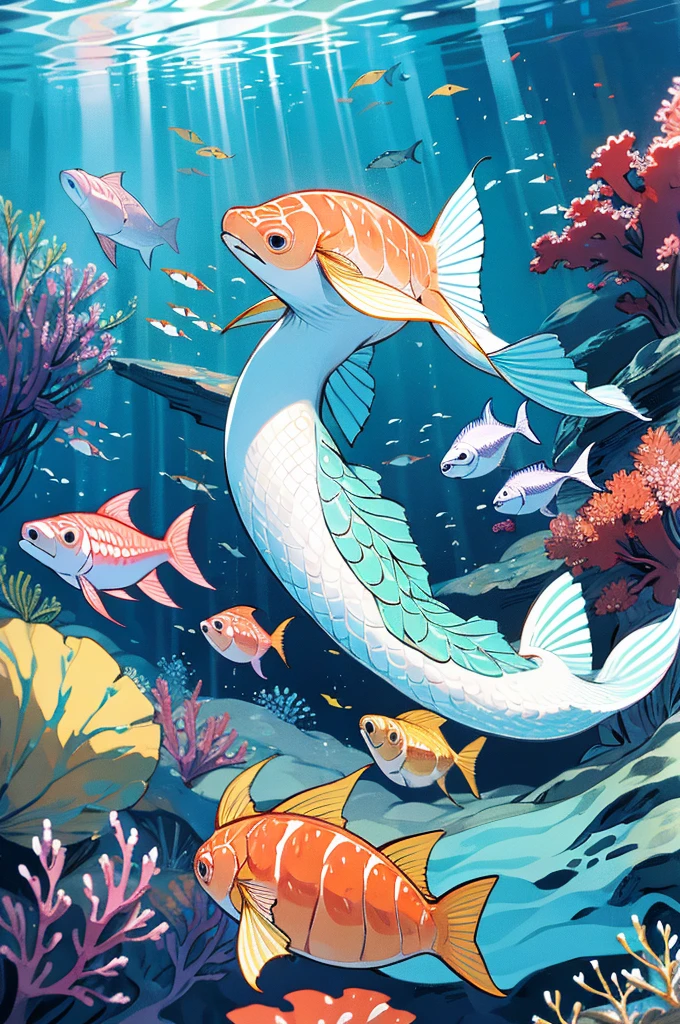 anime style, super fine illustration, highly detailed, dynamic angle, beautiful detailed, 8k, In the summer, at midday, underwater, BREAK vivid tropical fish swim in schools, surrounded by colorful corals on the seabed. A graceful sea turtle swims among them. BREAK A beautiful mermaid swims happily around, smiling occasionally. BREAK Sunlight filters through the water, brightly illuminating the scene. BREAK Everyone is enjoying the underwater world.(LoRA:0.5),masterpiece,best quality,super detailed,super fine illustration,