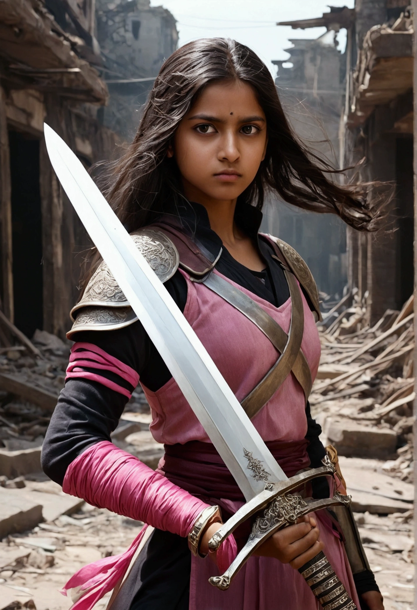 Draw Elie, the sword girl. She is between 16 and 21 years old and is from India. Elie is brunette and has long highlighted hair./pink stripe. She is known as the Daughter of Death, because he was born healthy in a city devastated by disease. Elie is in a training pose with his sword, who is the companion of your entire life. Her expression should be one of determination and focus, showing your skill and attachment to the sword. The surrounding scenery must be a city in ruins, with signs of devastation and disease, reflecting your home environment."