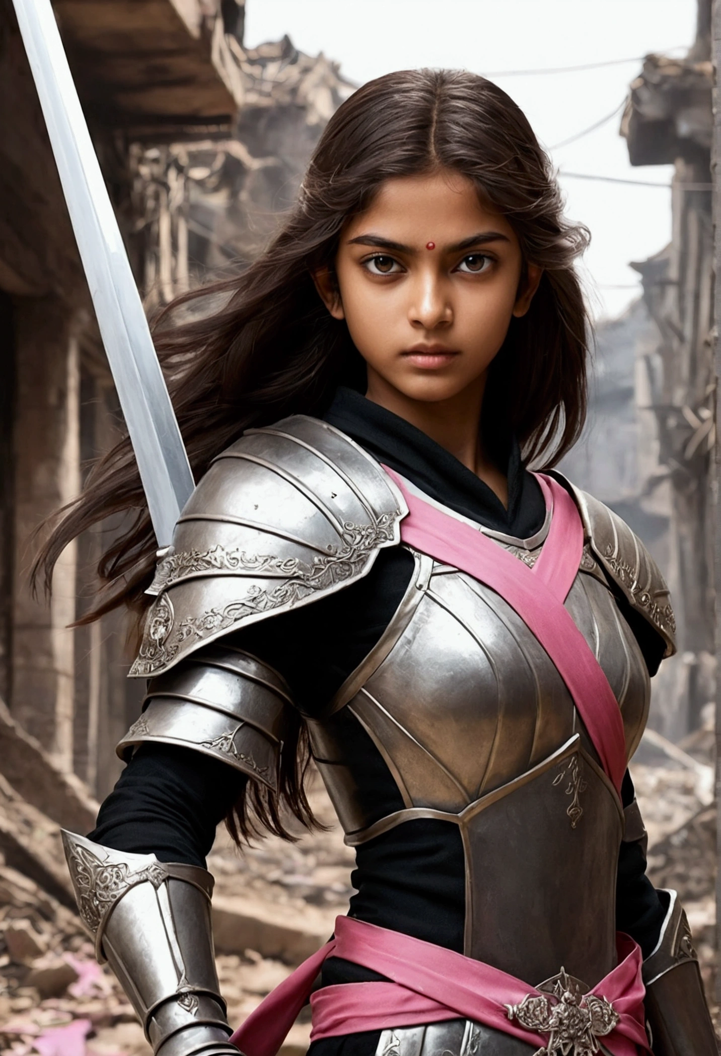 Draw Elie, the sword girl. She is between 16 and 21 years old and is from India. Elie is brunette and has long highlighted hair./pink stripe. She is known as the Daughter of Death, because he was born healthy in a city devastated by disease. Elie is in a training pose with his sword, who is the companion of your entire life. Her expression should be one of determination and focus, showing your skill and attachment to the sword. The surrounding scenery must be a city in ruins, with signs of devastation and disease, reflecting your home environment."