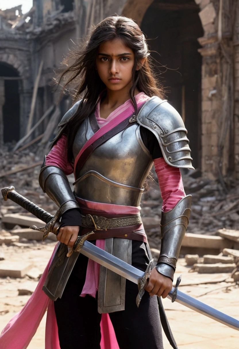 Draw Elie, the sword girl. She is between 16 and 21 years old and is from India. Elie is brunette and has long highlighted hair./pink stripe. She is known as the Daughter of Death, because he was born healthy in a city devastated by disease. Elie is in a training pose with his sword, who is the companion of your entire life. Her expression should be one of determination and focus, showing your skill and attachment to the sword. The surrounding scenery must be a city in ruins, with signs of devastation and disease, reflecting your home environment."