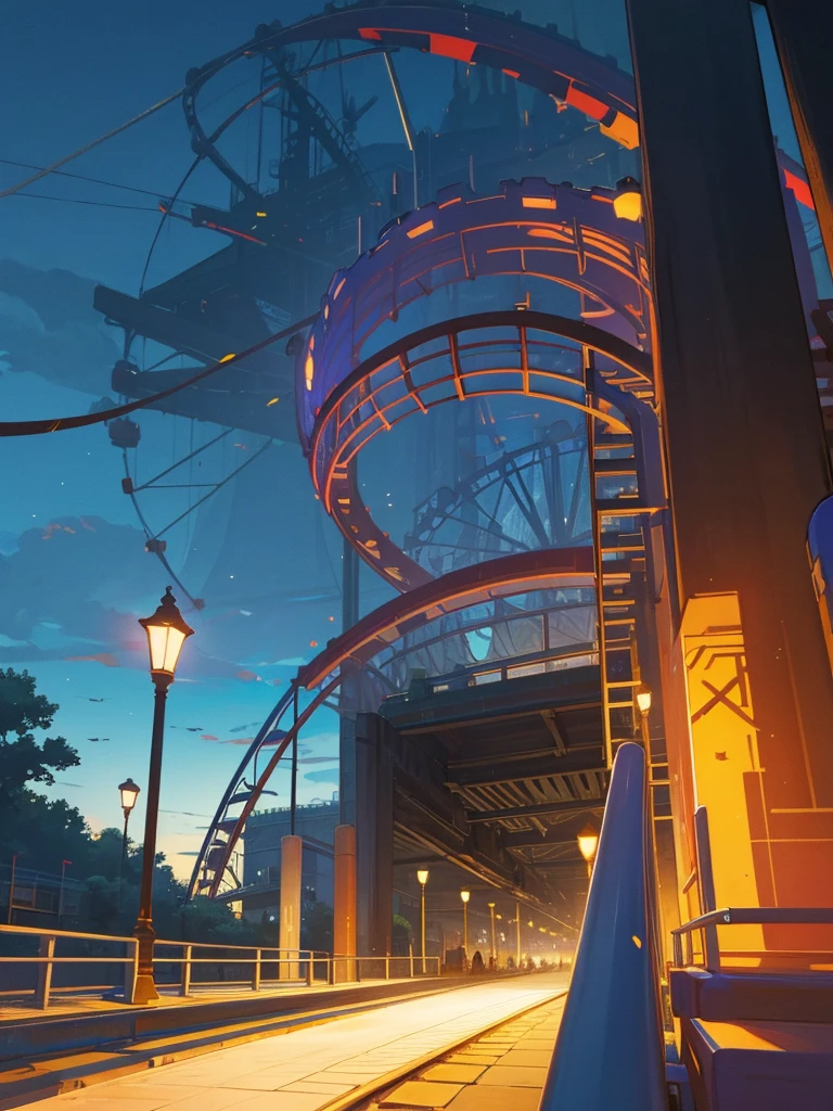Generate a nocturnal but solitary amusement park where the attractions can be seen with a vanishing point