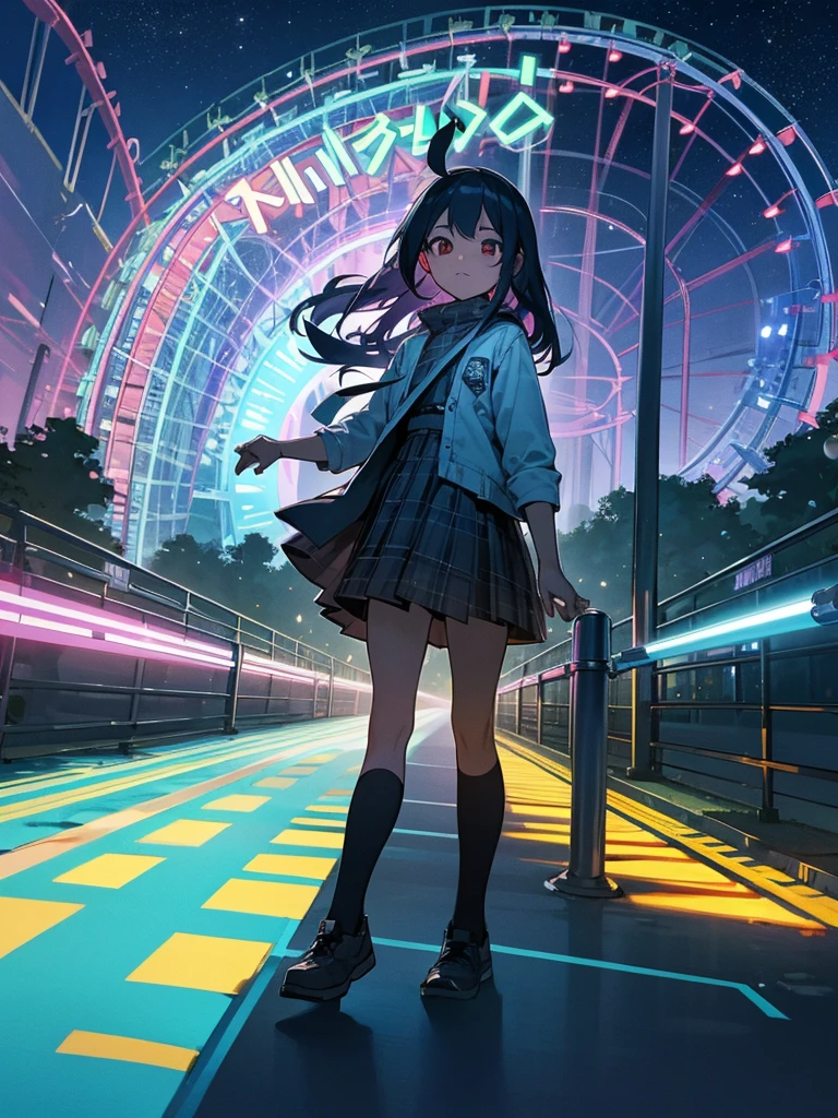 Generate a nocturnal but solitary amusement park where the attractions can be seen with a vanishing point