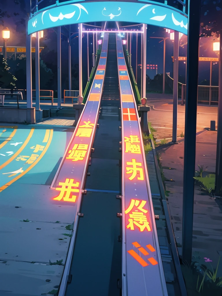 Generate a nocturnal but solitary amusement park where the attractions can be seen with a vanishing point
