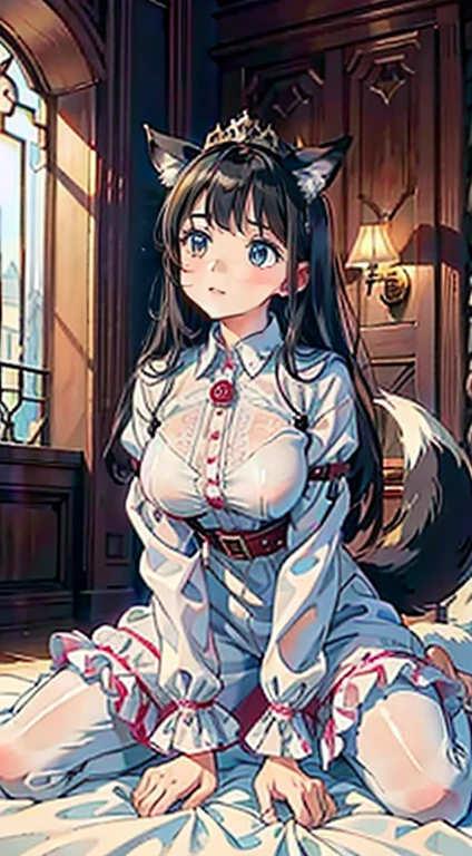 high qualiy, work of art, ultra detaild, view from the bottom，1 girl,  Extremely detailed facial details, White latex pajamas，Wrapped in netaid crown，kneeling down on bed，manacles，collared，calm expression,weep，be gagged，manacles，collared，black hair long, Attractive pink eyes, fox ears, Ridiculously big, shining skin, wood floor，medieval city