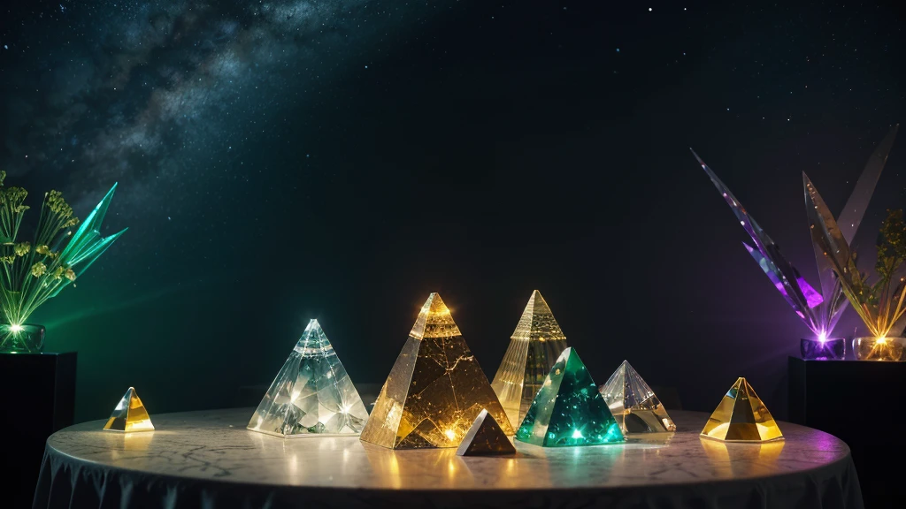 image of crystal pyramids shining colored lights (realisitic), green room, with flowers and stones on the table