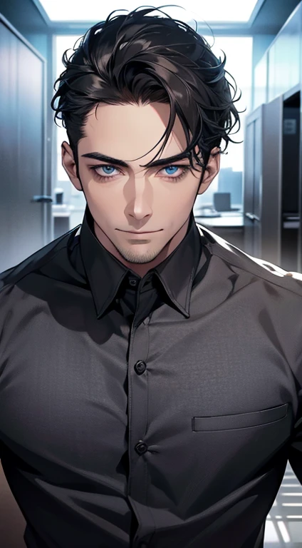 (best quality,4k,8k,highres,masterpiece:1.2),ultra-detailed,(realistic,photorealistic,photo-realistic:1.37),1 man,31 years old,mature man,very handsome,without expression,smile,short grey black hair,blue eyes,penetrating gaze,perfect face without errors,imposing posture,businessman,office background,cinematic lighting,hdr image