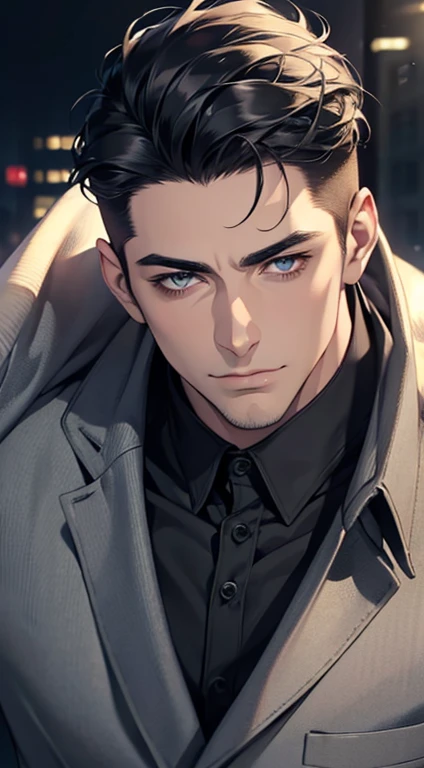 (best quality,4k,8k,highres,masterpiece:1.2),ultra-detailed,(realistic,photorealistic,photo-realistic:1.37),1 man,31 years old,mature man,very handsome,without expression,smile,short grey black hair,blue eyes,penetrating gaze,perfect face without errors,imposing posture,businessman,office background,cinematic lighting,hdr image