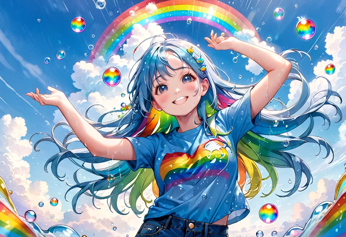 (Highest quality), (Super detailed),(Light blue long hair),(figure), (One girl), Beautiful fine details,Delicate and beautiful face,smile、A big rainbow in the blue sky after the rain、A girl looks up at a rainbow、Colorful transparent rainbow bubbles、Jeans on a t-shirt、floating,(High saturation),(Colorful splashes),