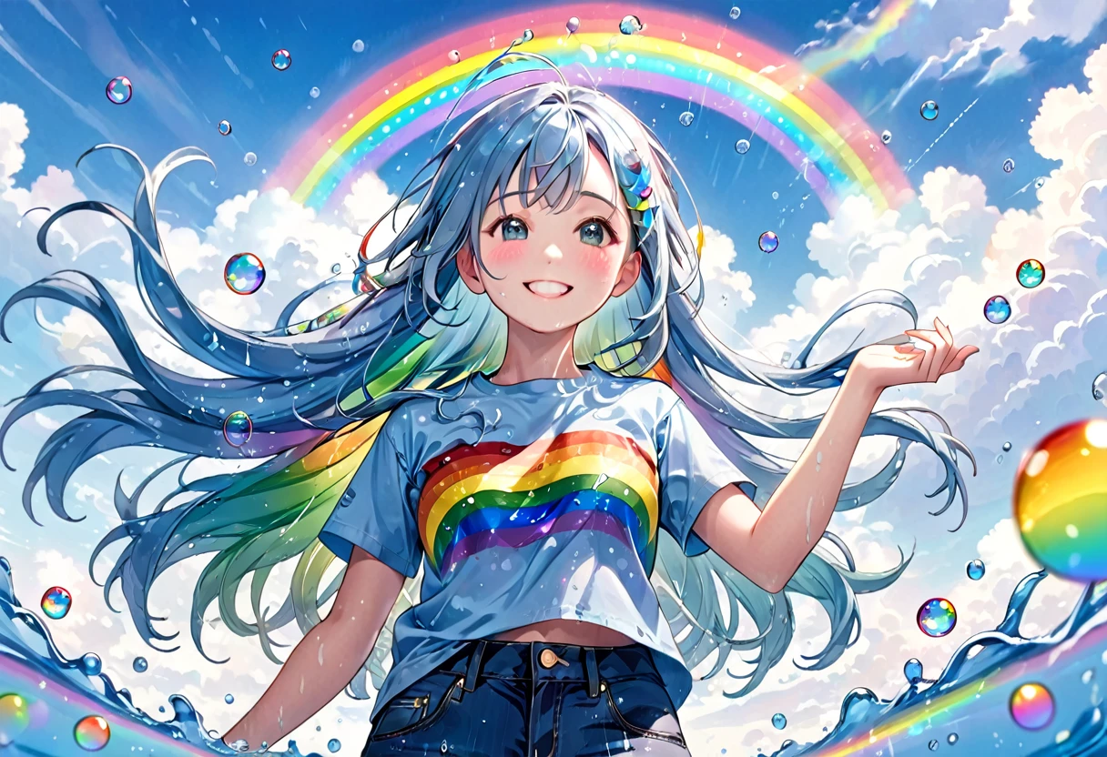(Highest quality), (Super detailed),(Light blue long hair),(figure), (One girl), Beautiful fine details,Delicate and beautiful face,smile、A big rainbow in the blue sky after the rain、A girl looks up at a rainbow、Colorful transparent rainbow bubbles、Jeans on a t-shirt、floating,(High saturation),(Colorful splashes),