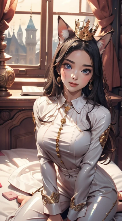 high qualiy, work of art, ultra detaild, view from the bottom,1 girl, Extremely detailed facial details, White latex pajamas,Wrapped in netaid crown,kneeling down on bed,manacles,collared,calm expression,weep,be gagged,manacles,collared,black hair long, Attractive pink eyes, fox ears, Ridiculously big, shining skin, wood floor,medieval city