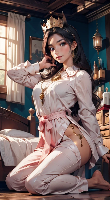 high qualiy, work of art, ultra detaild, view from the bottom,1 girl, Extremely detailed facial details, White latex pajamas,Wrapped in netaid crown,kneeling down on bed,manacles,collared,calm expression,weep,be gagged,manacles,collared,black hair long, Attractive pink eyes, fox ears, Ridiculously big, shining skin, wood floor,medieval city