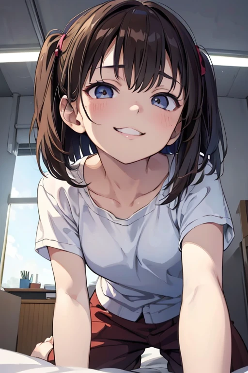 (masterpiece,Illustration Awards:1.3),Professional work,anime,Detailed face,Detailed Description,Blue tones,(Darker Room:1.3),From below,1girl,pov,perspective,Depth of Field,(Closest Face:1.3), BREAK Brown hair,Two Side Up,(Teasing smile:1.3),Office Shirt,pajamas,Flat breasts,Thighs,(Half-open eyes,Squint eyes:1.3),(Petite,****),onbed,On all fours,Looking down, BREAK Saddled on a man's stomach,The face of the girl straddling my belly and staring at me is closest,Depth-aligned placement,