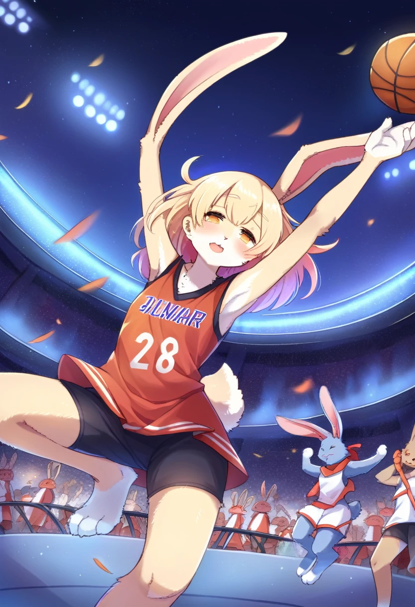 ((Masterpiece)), ((Best Quality)), (Very Detailed), ((Very Detailed)), 4K, (8K), very aesthetic, absurdres highres, 1 girl, (anthropomorphic rabbit, furry, kemono:1.8), Basketball player, dunk shot, red uniform, jump, rim grab, stadium, spectators, scoreboard, night, stadium lighting, concentrated facial expression, energetic movement, team logo, jersey number, cheering crowd, stadium structure
