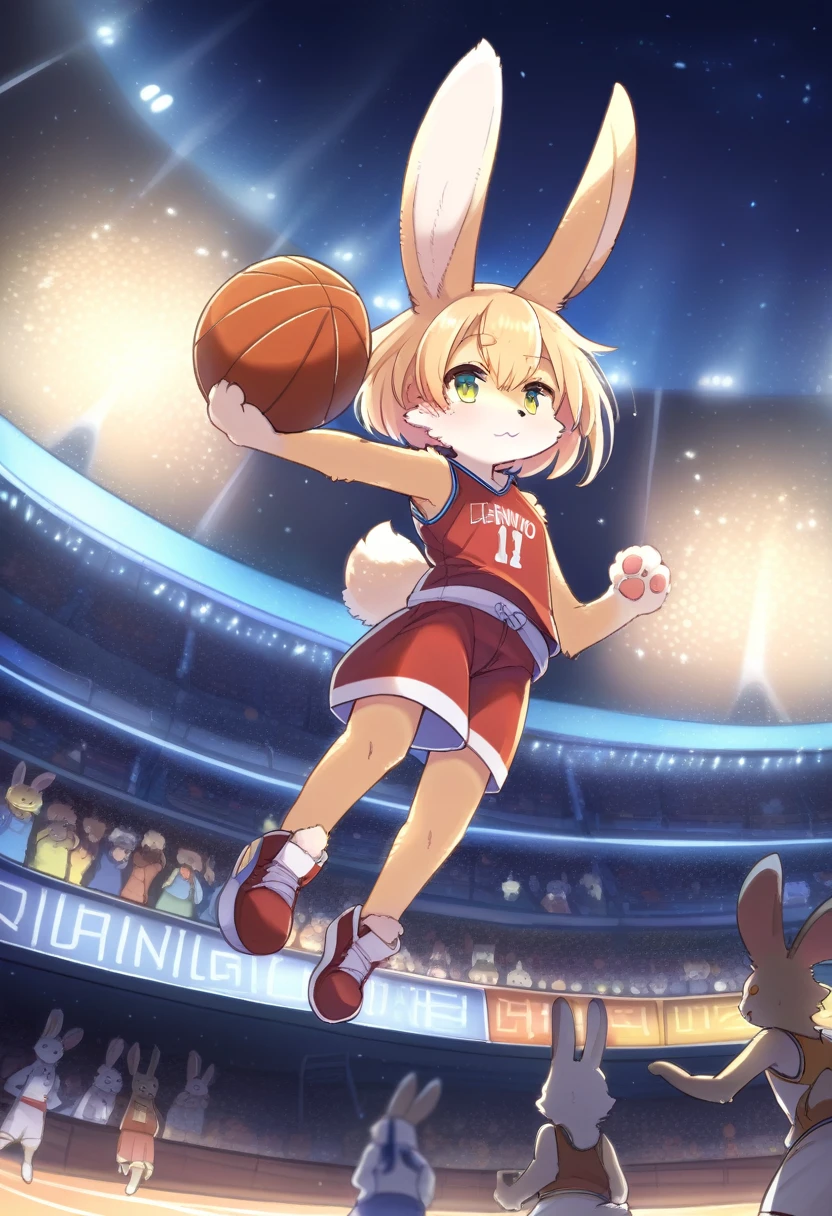 ((Masterpiece)), ((Best Quality)), (Very Detailed), ((Very Detailed)), 4K, (8K), very aesthetic, absurdres highres, 1 girl, (anthropomorphic rabbit, furry, kemono:1.8), Basketball player, dunk shot, red uniform, jump, rim grab, stadium, spectators, scoreboard, night, stadium lighting, concentrated facial expression, energetic movement, team logo, jersey number, cheering crowd, stadium structure
