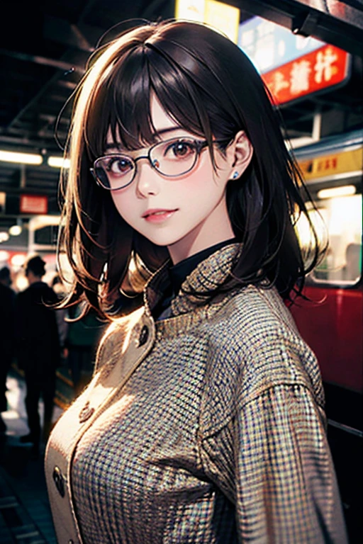 (8K、Raw photography、top-quality、​masterpiece:1.2)、(realisitic、Photorealsitic:1.37)、ultra-detailliert、超A high resolution、女の子1人、see the beholder、beautifull detailed face、A smile、Constriction、(Slim waist) :1.3)、short-cut、Beautiful detailed skin、Skin Texture、Floating hair、Professional Lighting、Wait for the platform train、Black-rimmed square glasses 、Whole human body、Brown hair