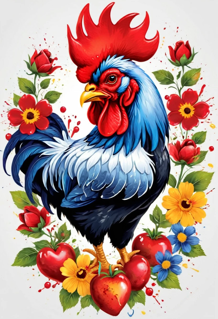 vectorial art, heart shape with flowers and red fruits, colorful illustration of the barcelos rooster in the center, Paint splashes and stains, vectorised, 8k, lifelike details, professional design, 