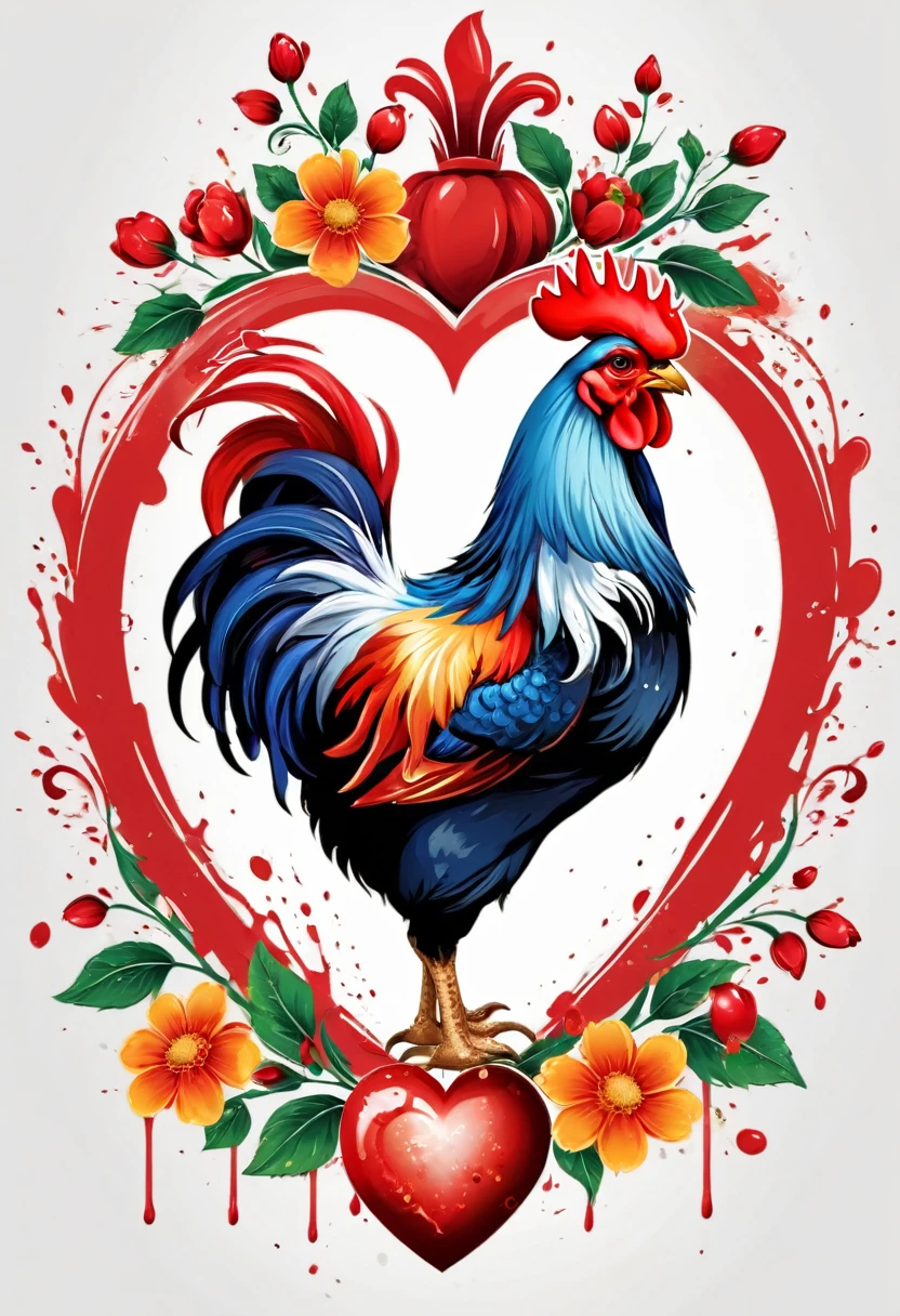 vectorial art, heart shape with flowers and red fruits, colorful illustration of the barcelos rooster in the center, Paint splashes and stains, vectorised, 8k, lifelike details, professional design, 