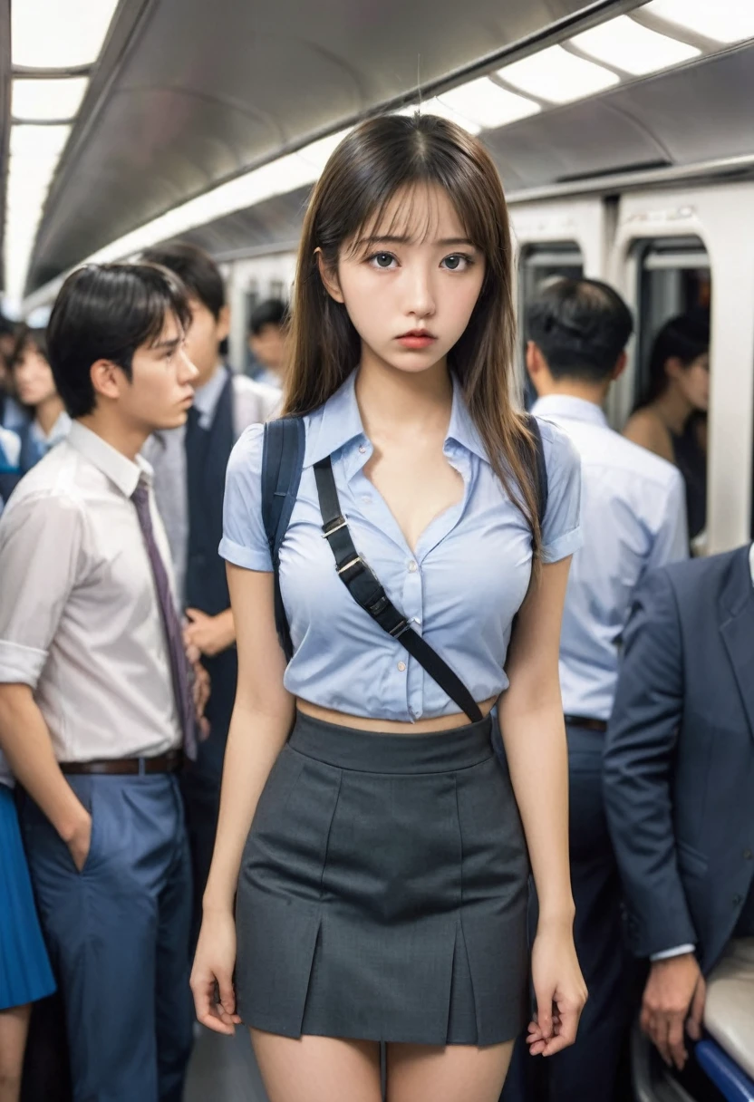 20-year-old office worker,One girl, The girl is being watched by the men,Cleavage,Miniskirt with visible buttocks,Are standing,Embarrassed look, intensive contact, In a crowded train, Holding on to the strap